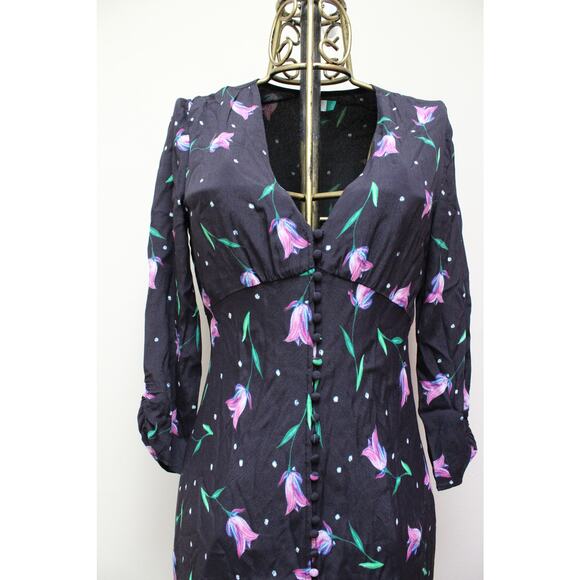Rixo Katie Black Floral Tulip Long Sleeve Midi Button Down Dress Size Medium - Picture 4 of 7